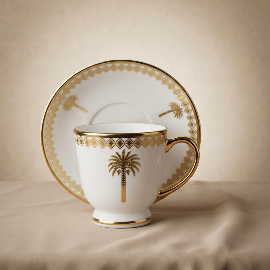 6-Piece Porcelain Tea Cups with Saucers – Gold Palm Design Set - Mawaeen