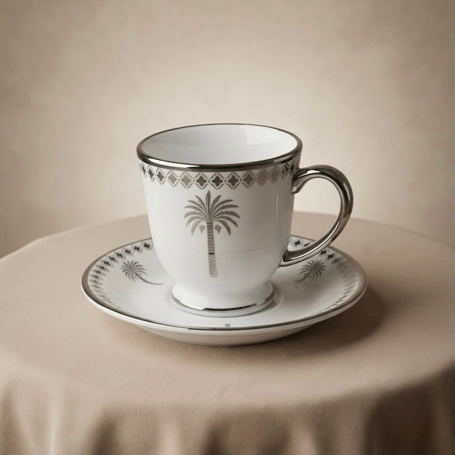 6-Piece Porcelain Tea Cups with Saucers – Silver Palm Design Set - Mawaeen