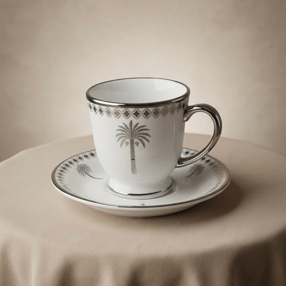 6-Piece Porcelain Tea Cups with Saucers – Silver Palm Design Set - Mawaeen