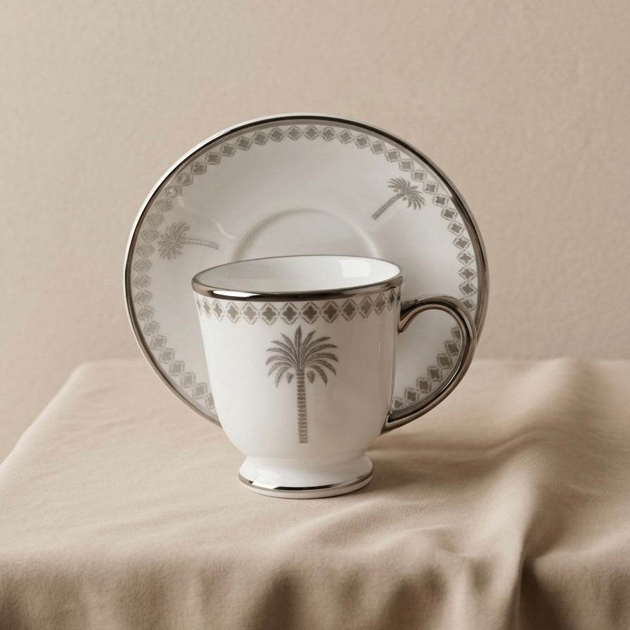 6-Piece Porcelain Tea Cups with Saucers – Silver Palm Design Set - Mawaeen