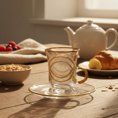 Tea Istikan Set – 6 Pieces with Plates NHGold - (130cc, Turkish Made)