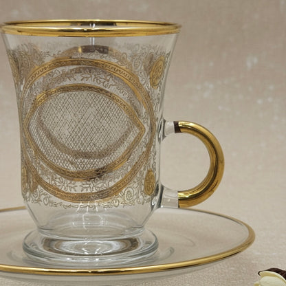 Tea Istikan Set – 6 Pieces with Plates NHGold - (130cc, Turkish Made)