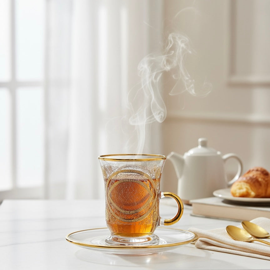 Tea Istikan Set – 6 Pieces with Plates NHGold - (130cc, Turkish Made)