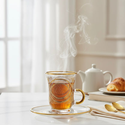 Tea Istikan Set – 6 Pieces with Plates NHGold - (130cc, Turkish Made)