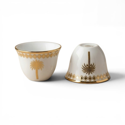 12-Piece Porcelain Cups Set with Gold Palm Design – Classic Luxury Collection - Mawaeen