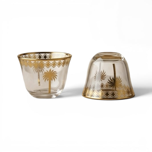 6-Piece Glass Cups Set with Gold Palm Design – Elegant Serving Cups - Mawaeen