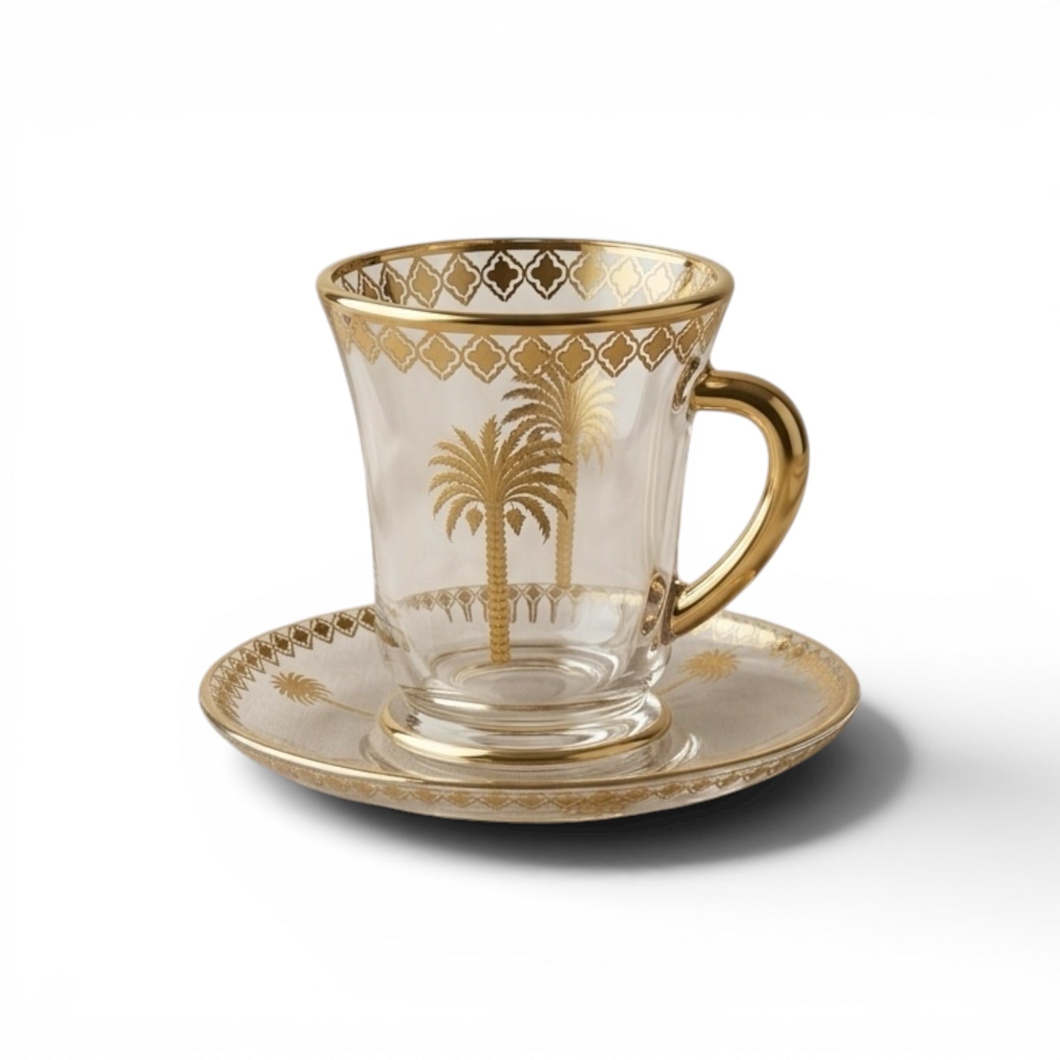 6-Piece Glass Tea Cups with Saucers – Gold Palm Design Set - Mawaeen