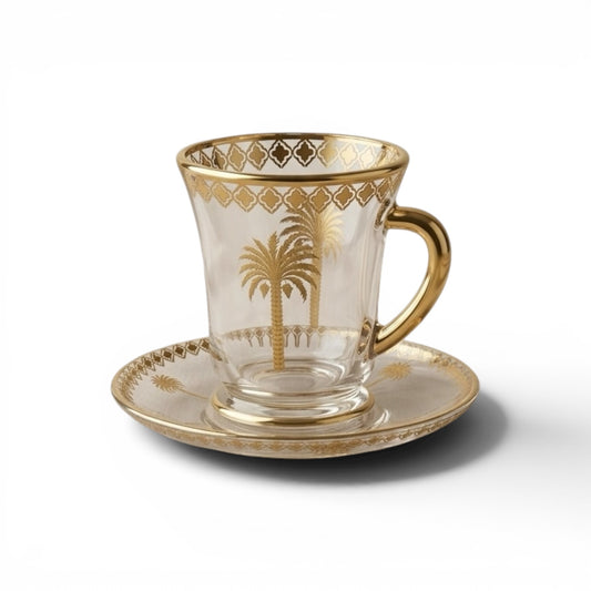 6-Piece Glass Tea Cups with Saucers – Gold Palm Design Set - Mawaeen