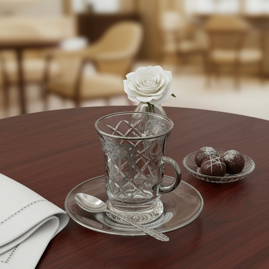 Tea Istikan Set – 6 Pieces with Plates Silver - (130cc, Turkish Made)