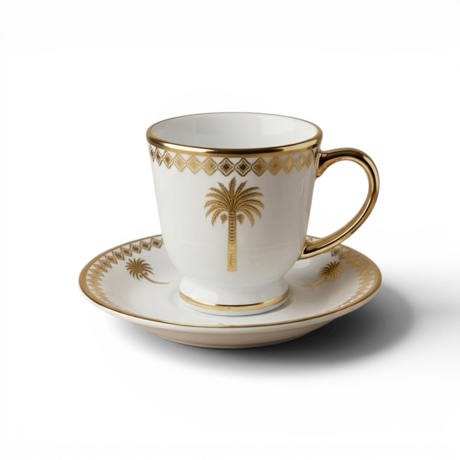 6-Piece Porcelain Tea Cups with Saucers – Gold Palm Design Set - Mawaeen
