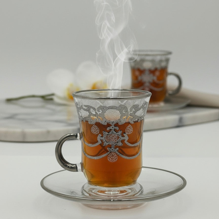Tea Istikan Set – 6 Pieces with Plates Silver - (130cc, Turkish Made)