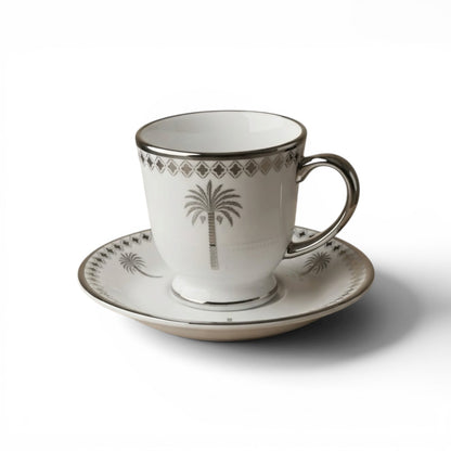 6-Piece Porcelain Tea Cups with Saucers – Silver Palm Design Set - Mawaeen