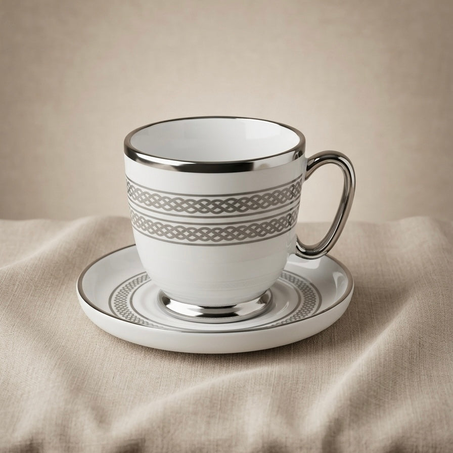 6-Piece Porcelain Coffee Cups with Saucers – Silver Pattern Design Set