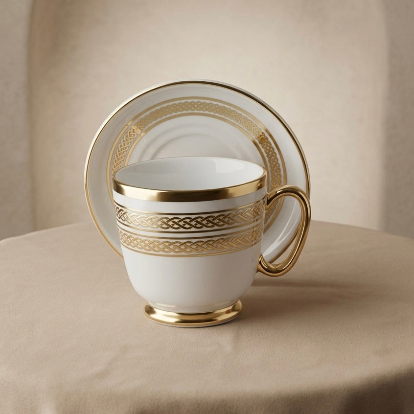 6-Piece Porcelain Coffee Cups with Saucers – Gold Pattern Design Set
