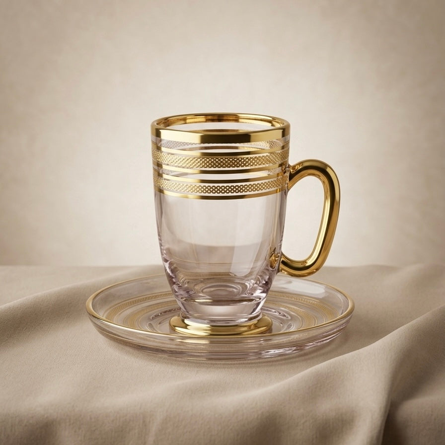 6-Piece Glass Tea Cups with Saucers – Gold Line Design Set - Mawaeen
