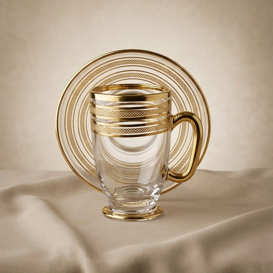 6-Piece Glass Tea Cups with Saucers – Gold Line Design Set - Mawaeen