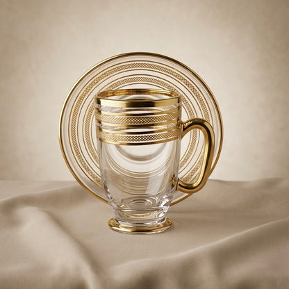 6-Piece Glass Tea Cups with Saucers – Gold Line Design Set - Mawaeen