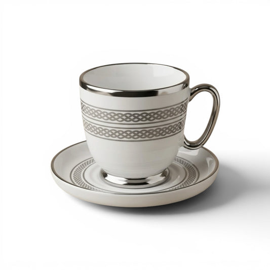 6-Piece Porcelain Coffee Cups with Saucers – Silver Pattern Design Set - Mawaeen