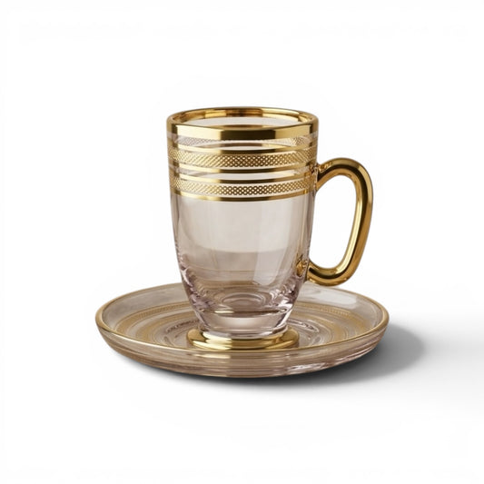 6-Piece Glass Tea Cups with Saucers – Gold Line Design Set - Mawaeen
