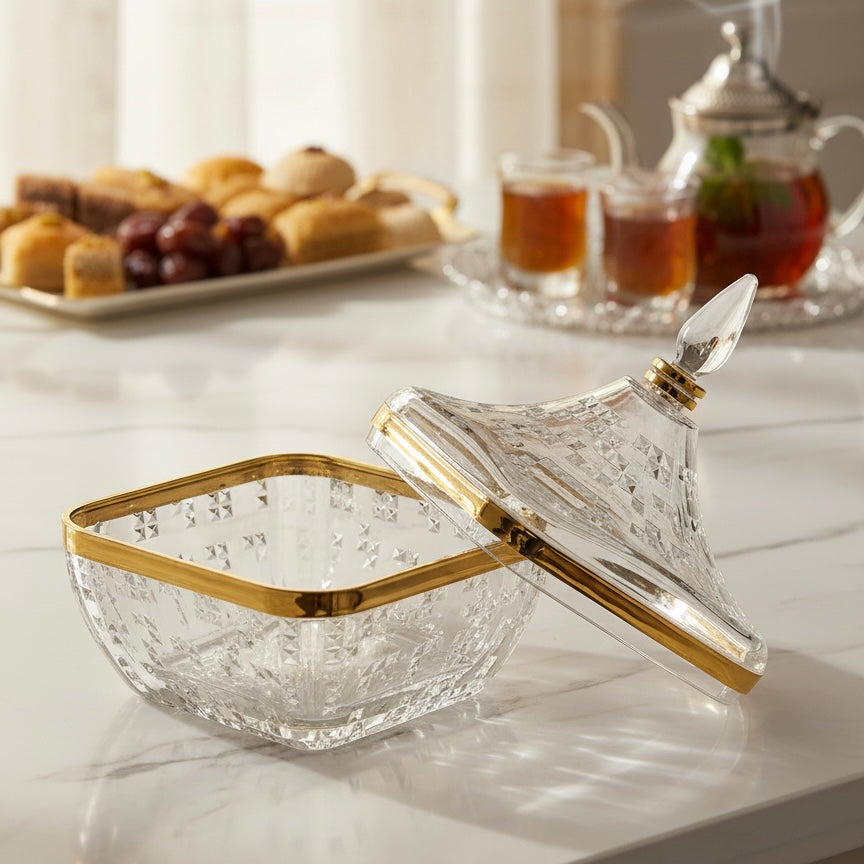 Square Acrylic Date Bowl with Lid G/Line – Modern Diamond-Cut Design (M)