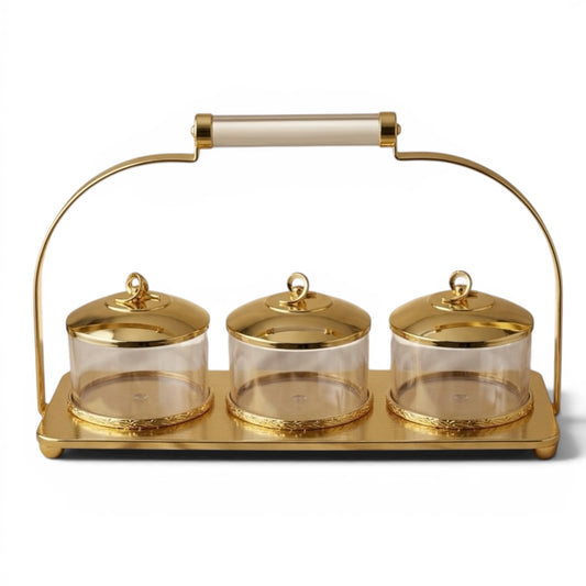 Candy Bowl Set D/3 Gold – Stainless Steel Stand with Glass Bowls - Mawaeen