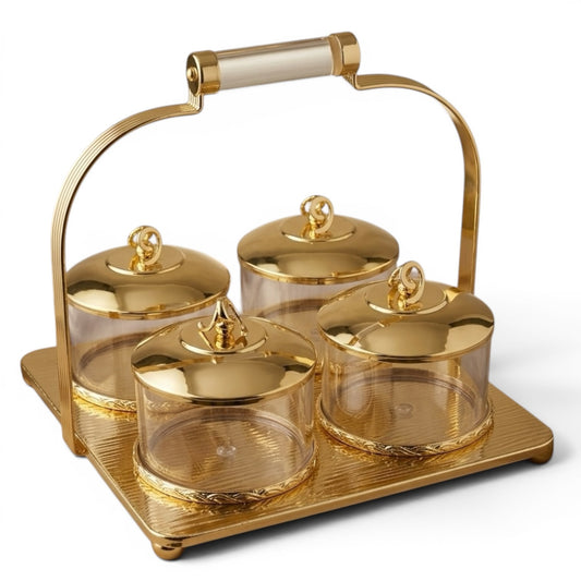 Candy Bowl Set D/4 Gold – Stainless Steel Stand with Glass Bowls - Mawaeen