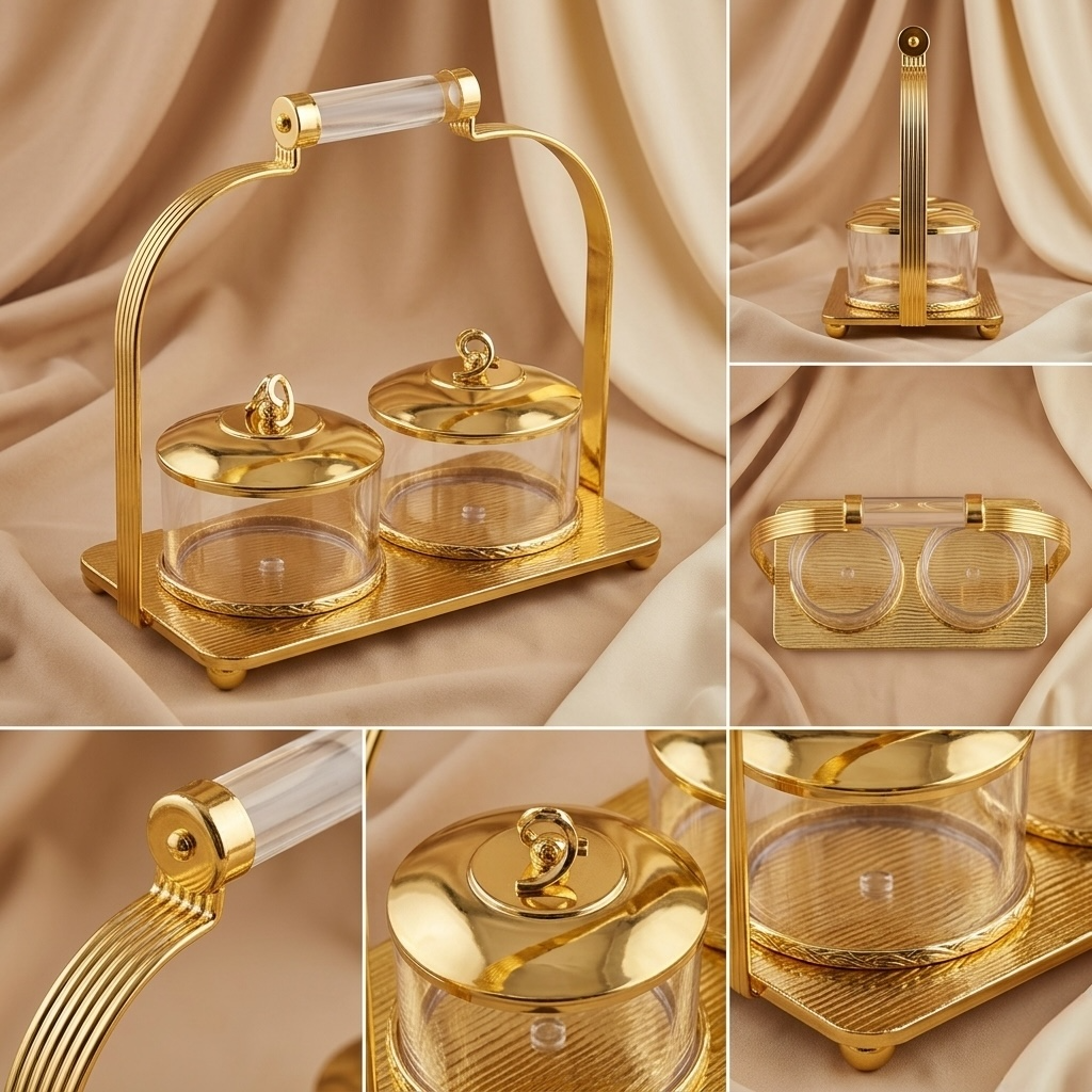 Candy Bowl Set D/4 Gold – Stainless Steel Stand with Glass Bowls - Mawaeen
