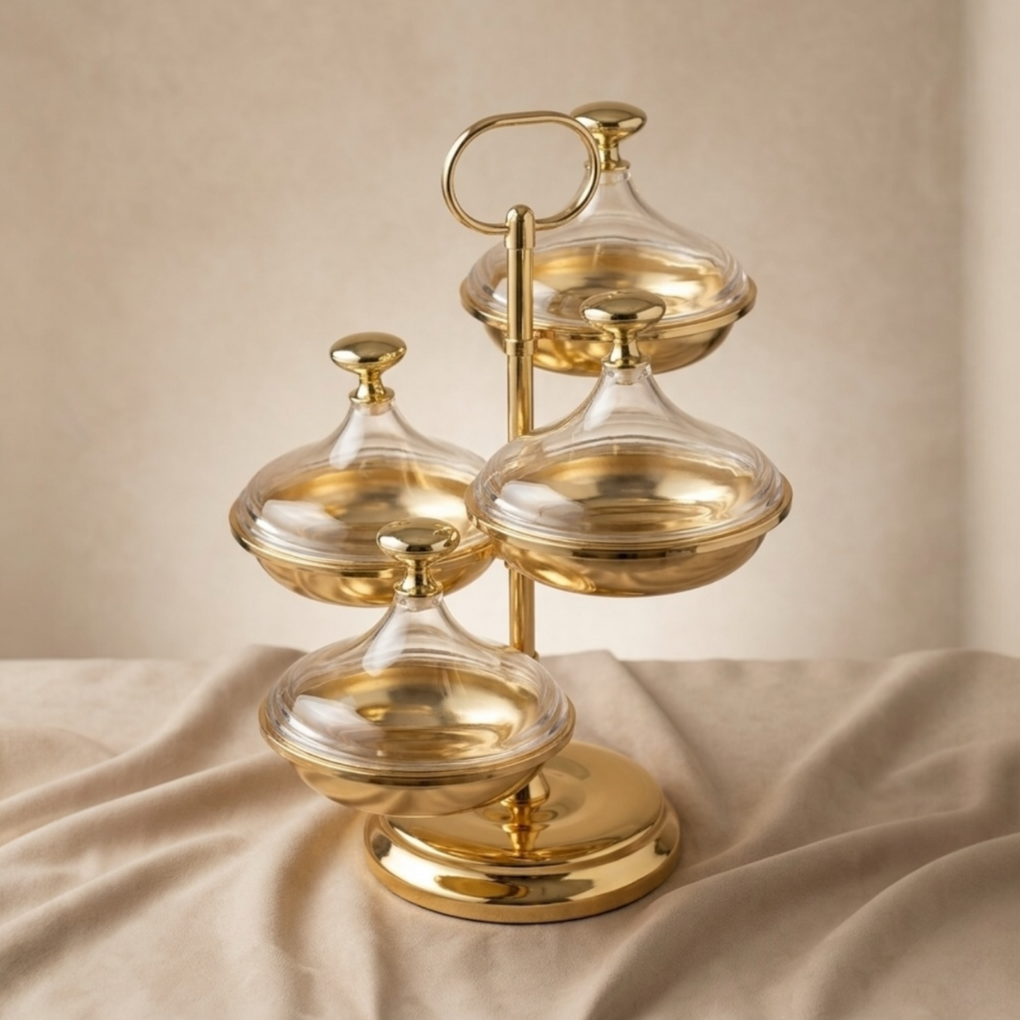 Candy Bowl Stand D/4 Gold – Metal Stand with Acrylic Lids - Mawaeen