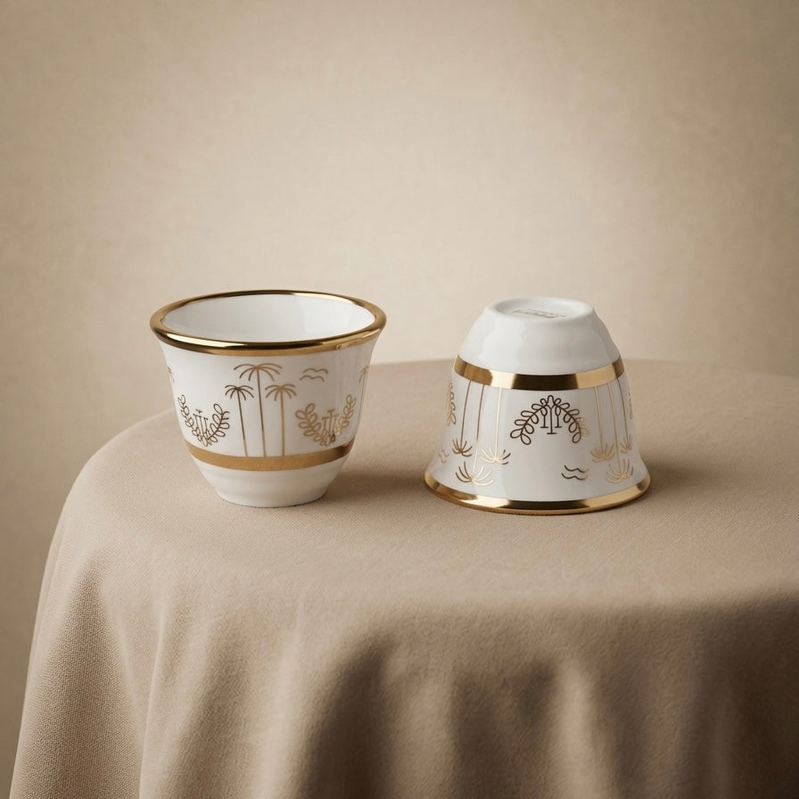 Emirati Heritage Arabic Coffee Cup Set – 12 Porcelain Cups Gold Edition