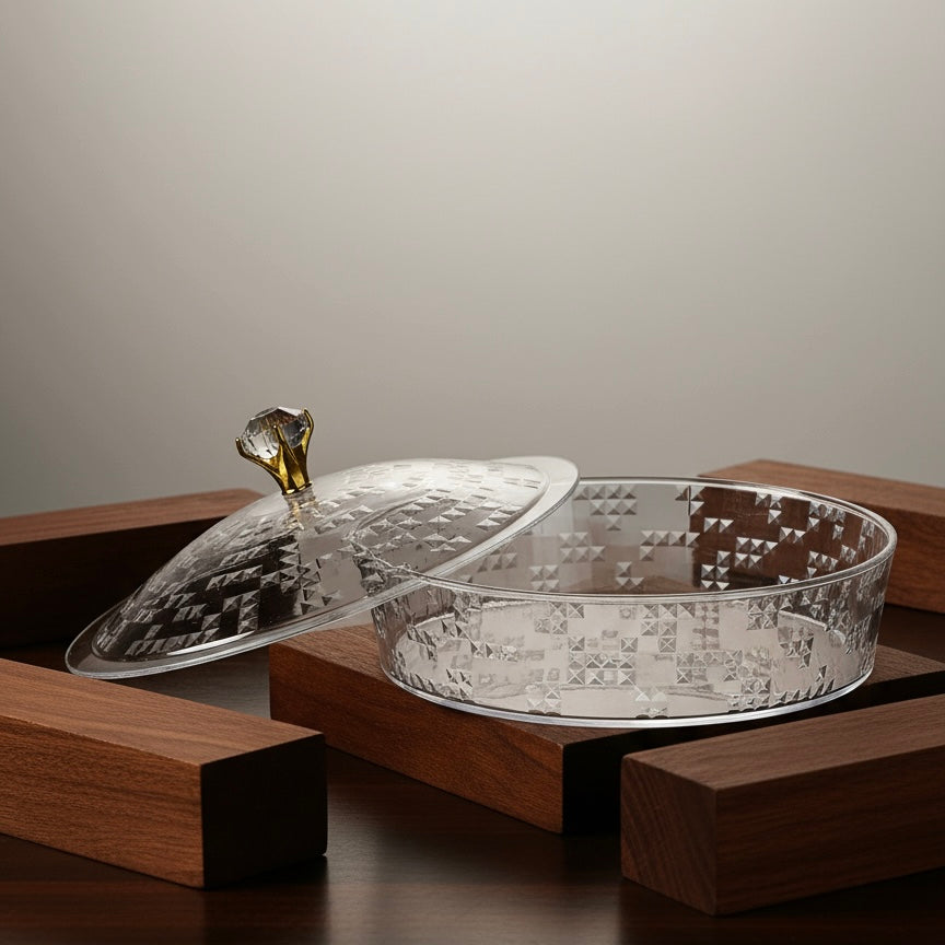Luxury Round Acrylic Candy Box with Lid – Elegant Crystal Design (S)