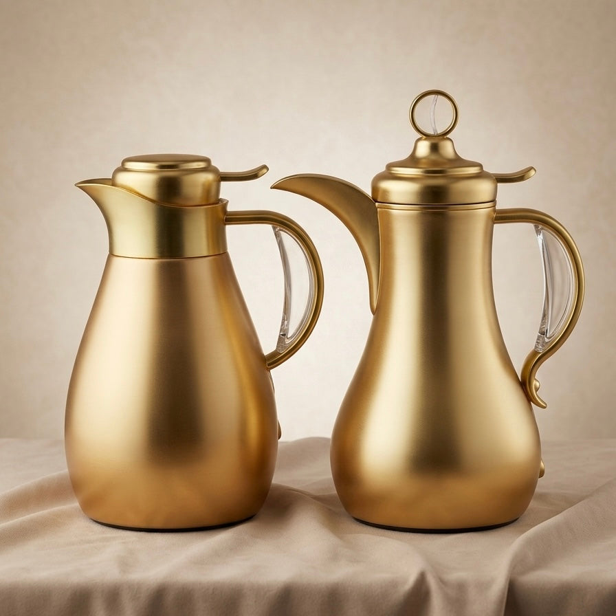 Modern Arabic Dallah Vacuum Flask Set – Matt Gold | 1.0L + 1.0L