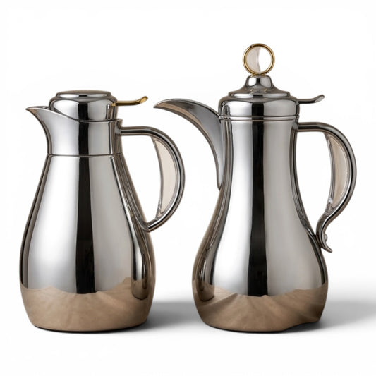Modern Arabic Dallah Vacuum Flask Set (1.0L + 1.0L) – Nickel & Gold - Mawaeen