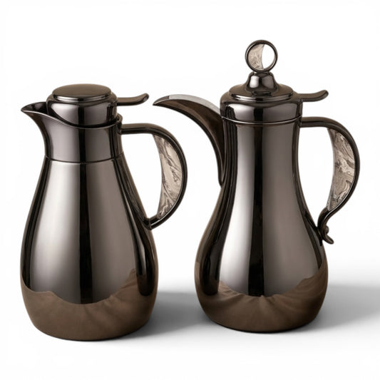 Modern Arabic Dallah Vacuum Flask Set – Chrome &Marble Accents | 1.0L + 1.0L - Mawaeen