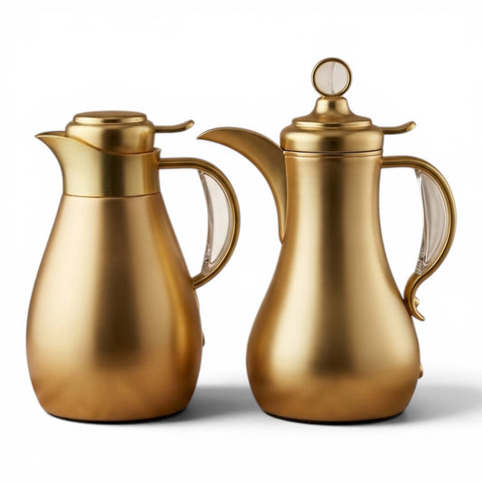 Modern Arabic Dallah Vacuum Flask Set – Matt Gold | 1.0L + 1.0L - Mawaeen