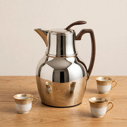 NGT Nickel Thermal Dallah with Wood-Look Handle – 0.5 Liter