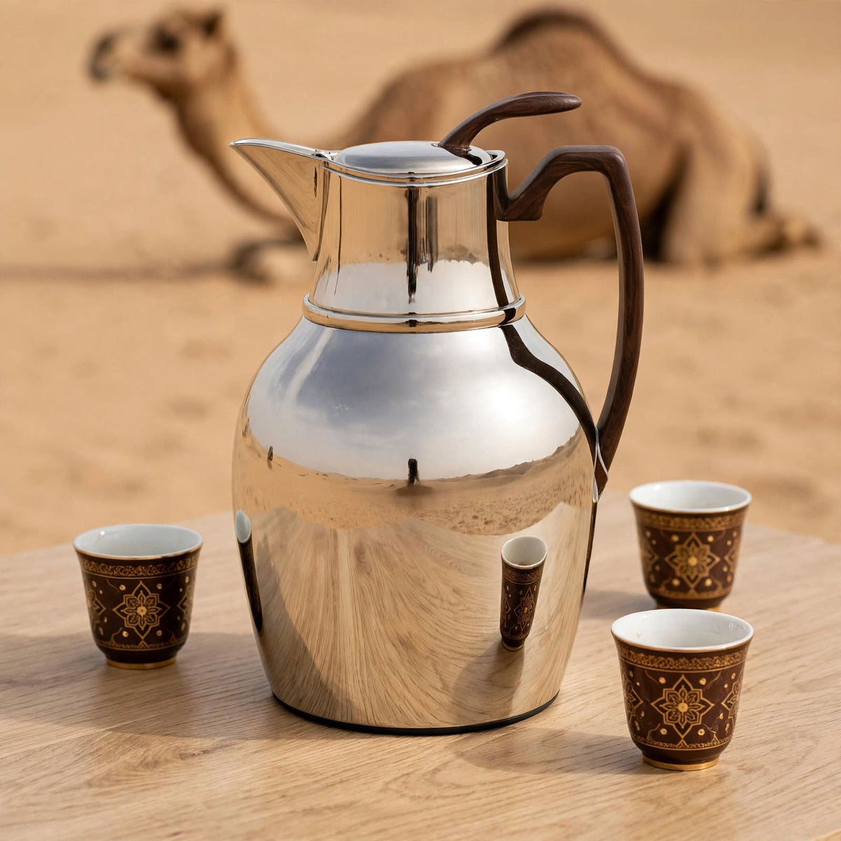 NGT Nickel Thermal Dallah with Wood-Look Handle – 0.75 Liter