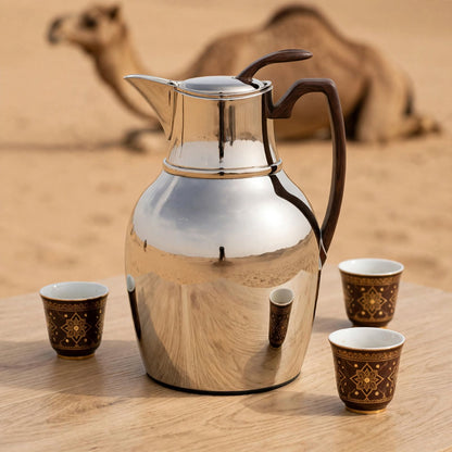 NGT Nickel Thermal Dallah with Wood-Look Handle – 0.75 Liter