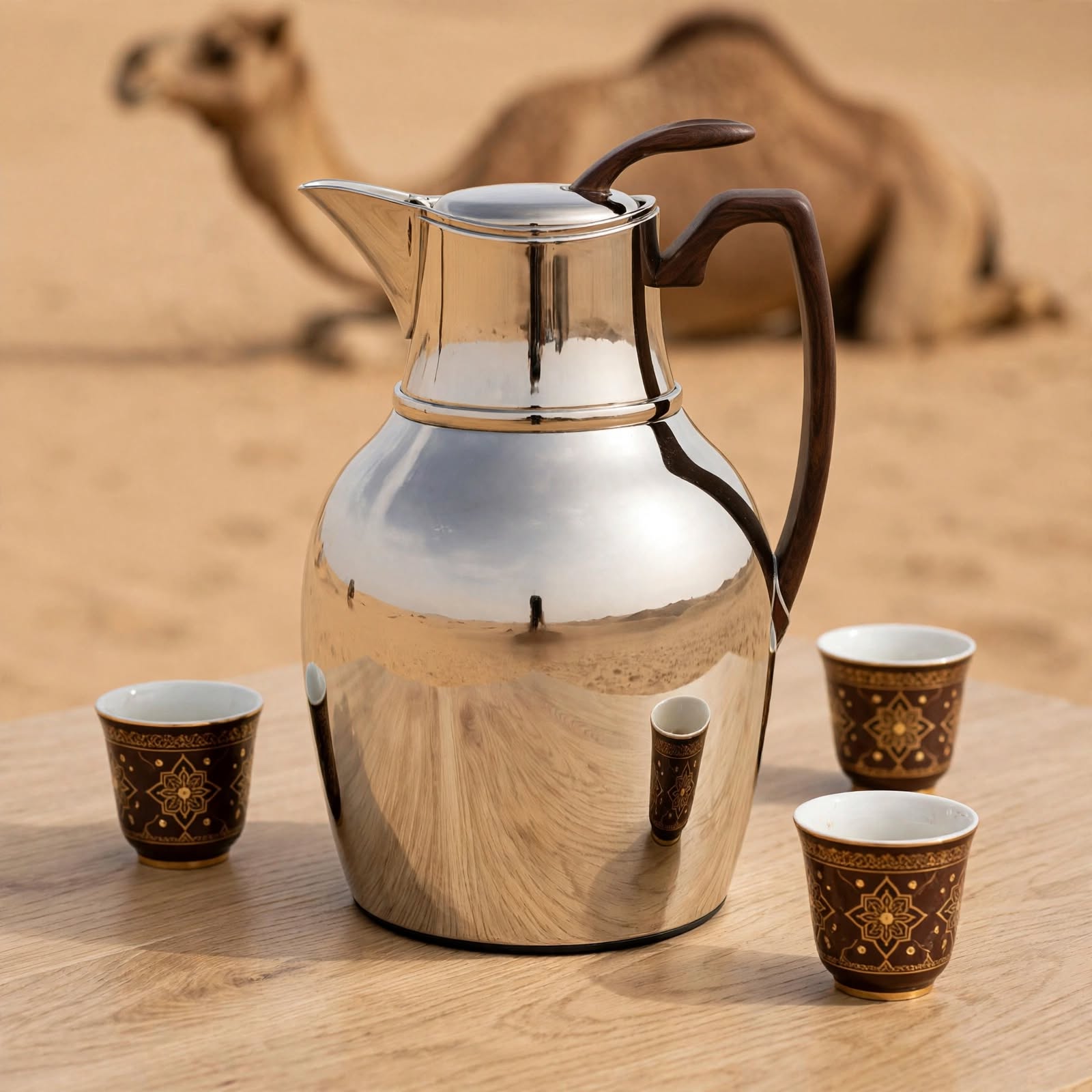 NGT Nickel Thermal Dallah with Wood-Look Handle – 1 Liter