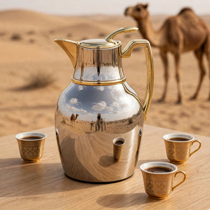 NGT Two-Tone Nickel & Gold Arabic Coffee Thermal Dallah – 0.75 Liter