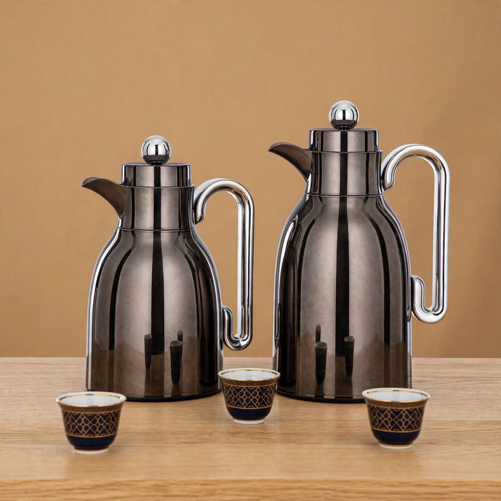 Al Marjan 2-Piece Chrome/S Arabic Coffee Thermos Set (1L & 0.75L)
