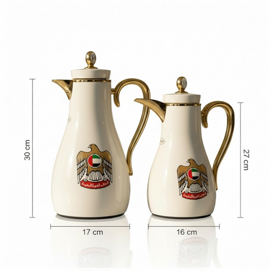 UAE Logo Double Set – Coffee & Tea Thermal Flask (White & Gold, 1L + 0.7L)