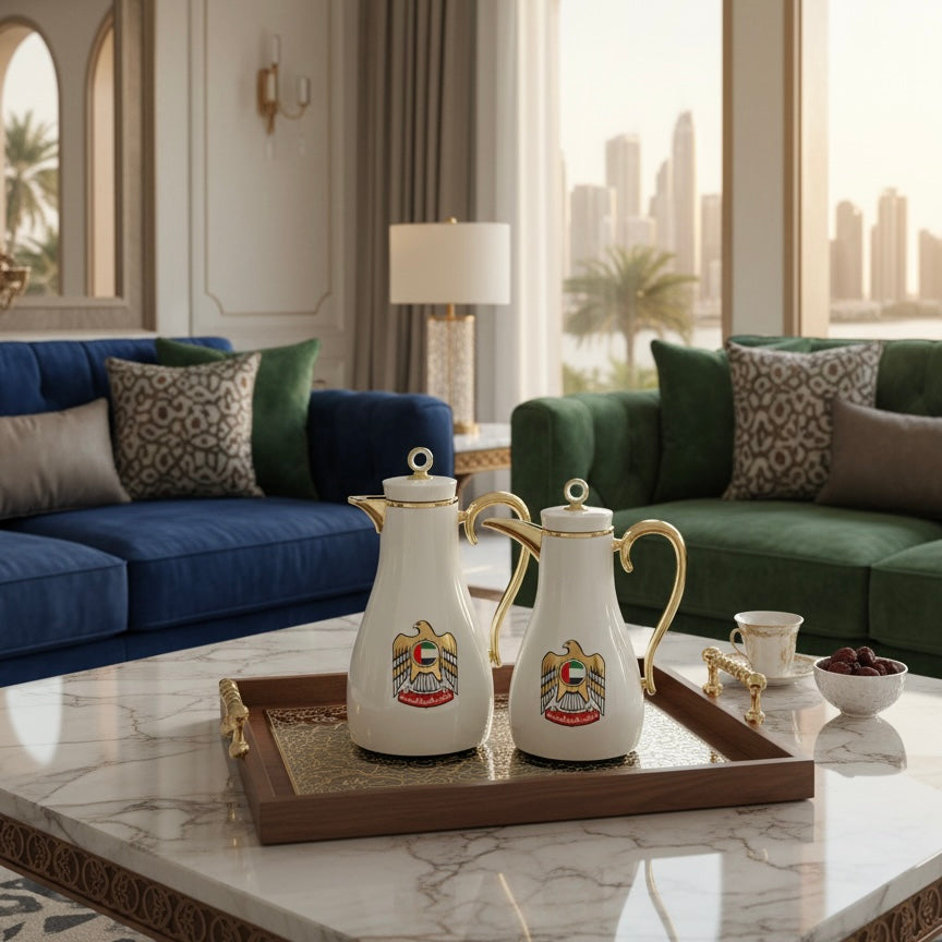 UAE Logo Double Set – Coffee & Tea Thermal Flask (White & Gold, 1L + 0.7L)