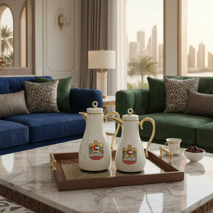 UAE Logo Double Set – Coffee & Tea Thermal Flask (White & Gold, 1L + 0.7L)