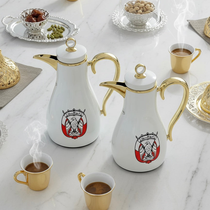 PILSCO AD Logo Double Set – Coffee & Tea Thermal Flask (White & Gold, 1L + 0.7L)