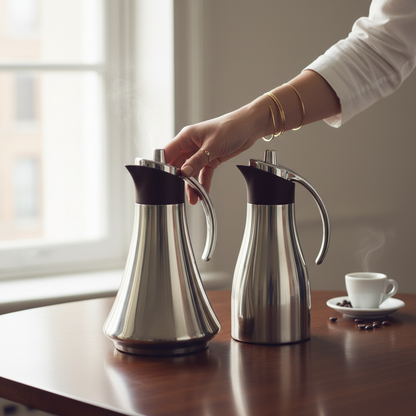 REFAL Double Set – Coffee & Tea Thermal Flask (Silver & Wood, 1L + 1L)