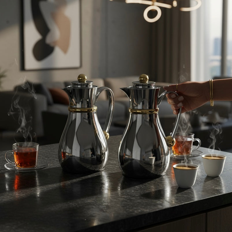 Najib Double Set – Coffee & Tea Thermal Flask (Silver & Gold, 1L + 0.7L)