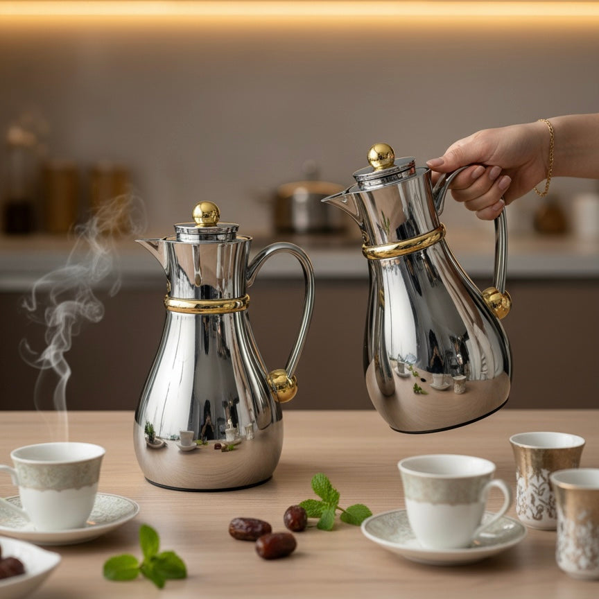 Najib Double Set – Coffee & Tea Thermal Flask (Silver & Gold, 1L + 0.7L)