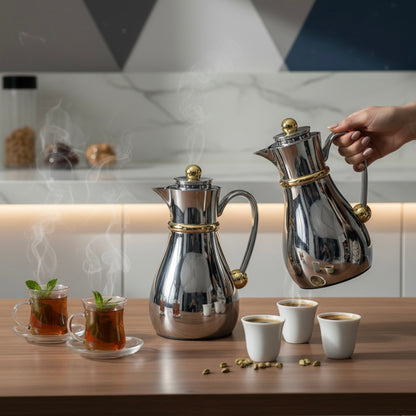 Najib Double Set – Coffee & Tea Thermal Flask (Silver & Gold, 1L + 0.7L)