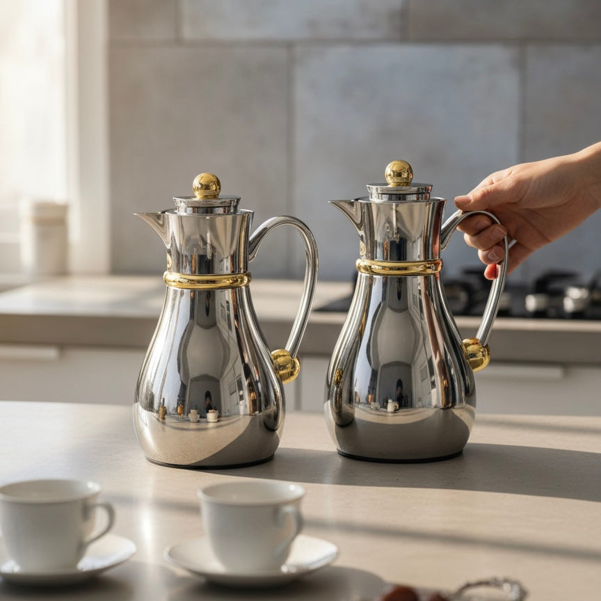 Najib Double Set – Coffee & Tea Thermal Flask (Silver & Gold, 1L + 0.7L)