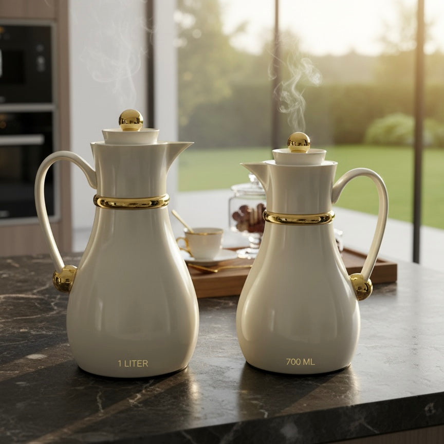 Najib Double Set – Coffee & Tea Thermal Flask (Beige & Gold, 1L + 0.7L)